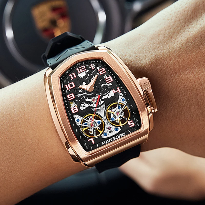 Hanboro Official Luxury Skeleton Automatic Mechanical Watch Men, 50M Waterproof Luminous Business Male Clock Reloj Hombre 985