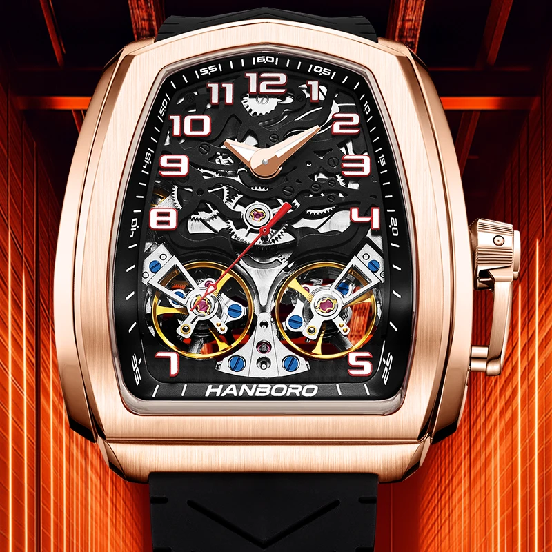 Hanboro Official Luxury Skeleton Automatic Mechanical Watch Men, 50M Waterproof Luminous Business Male Clock Reloj Hombre 985