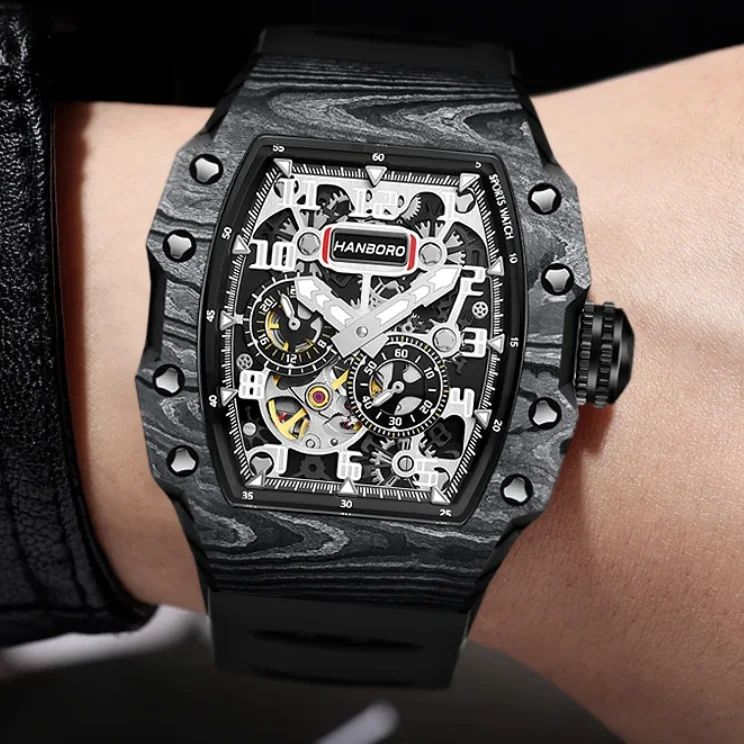 HANBORO Men Automatic Watch 50mm Tonneau Mechanical Wristwatch Luminous 50M Waterproof Rubber Strap Carbon Fiber Miyota 82S7