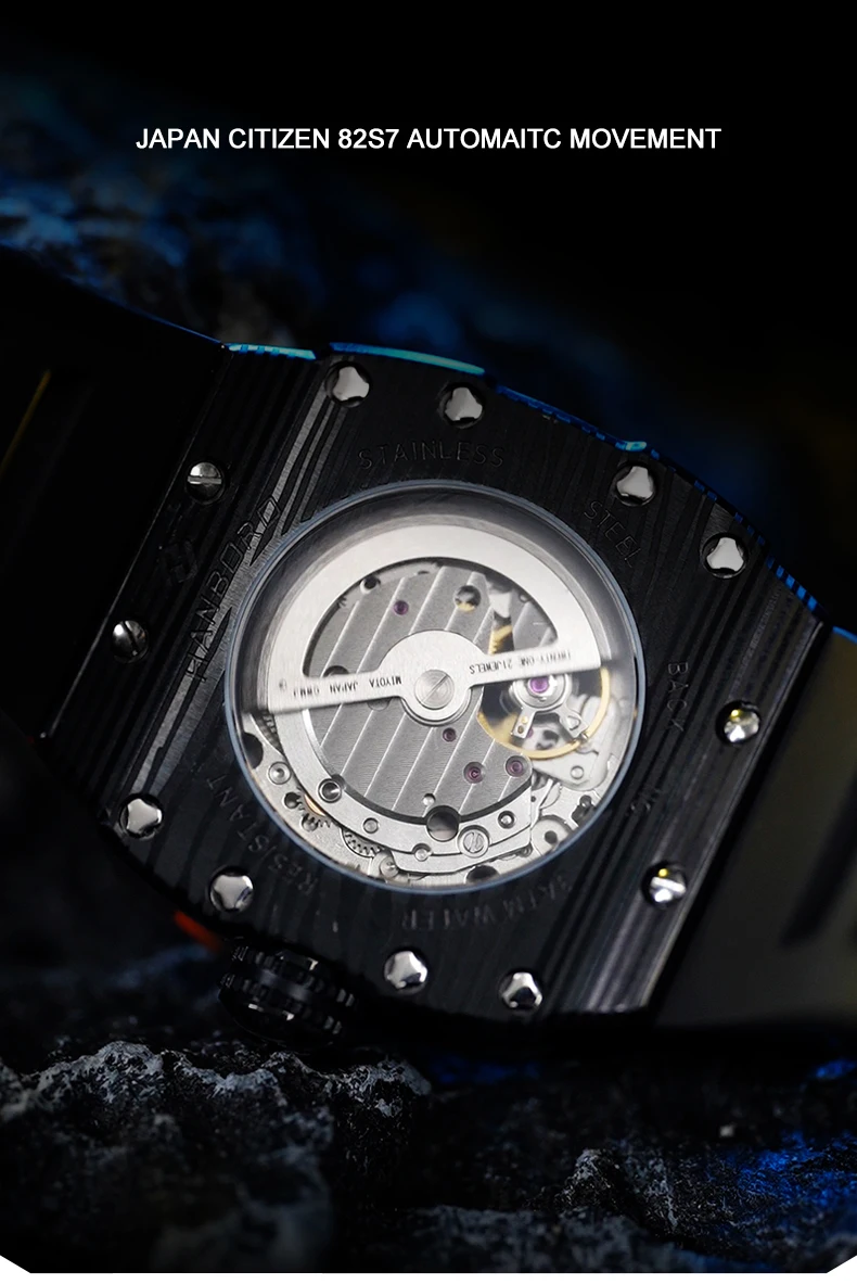 HANBORO Men Automatic Watch 50mm Tonneau Mechanical Wristwatch Luminous 50M Waterproof Rubber Strap Carbon Fiber Miyota 82S7