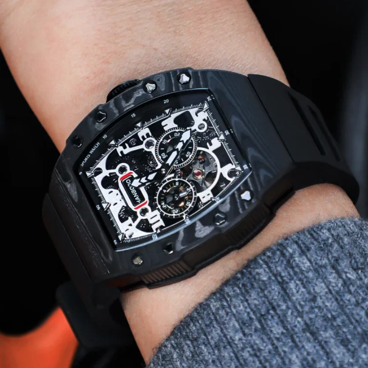HANBORO Men Automatic Watch 50mm Tonneau Mechanical Wristwatch Luminous 50M Waterproof Rubber Strap Carbon Fiber Miyota 82S7