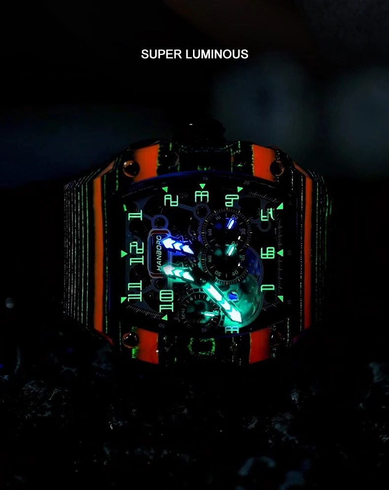 HANBORO Men Automatic Watch 50mm Tonneau Mechanical Wristwatch Luminous 50M Waterproof Rubber Strap Carbon Fiber Miyota 82S7
