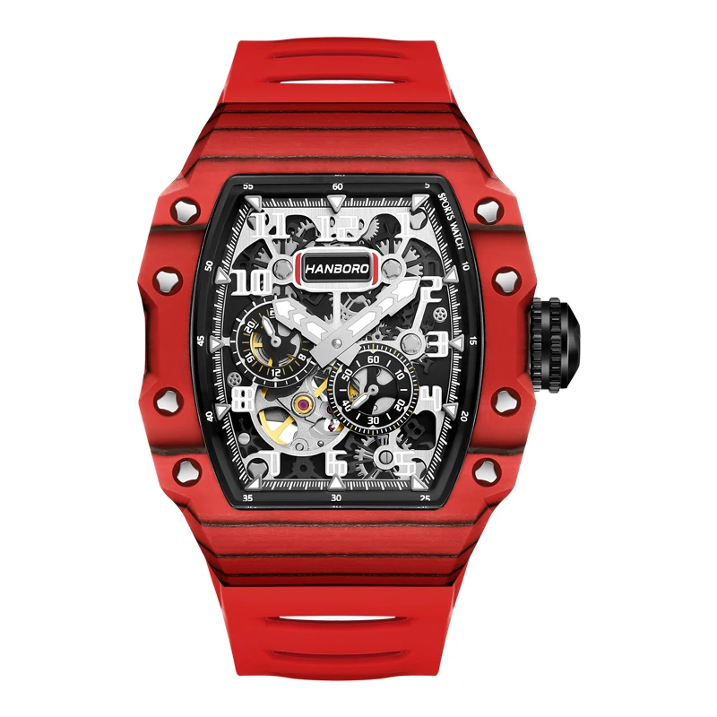 HANBORO Men Automatic Watch 50mm Tonneau Mechanical Wristwatch Luminous 50M Waterproof Rubber Strap Carbon Fiber Miyota 82S7