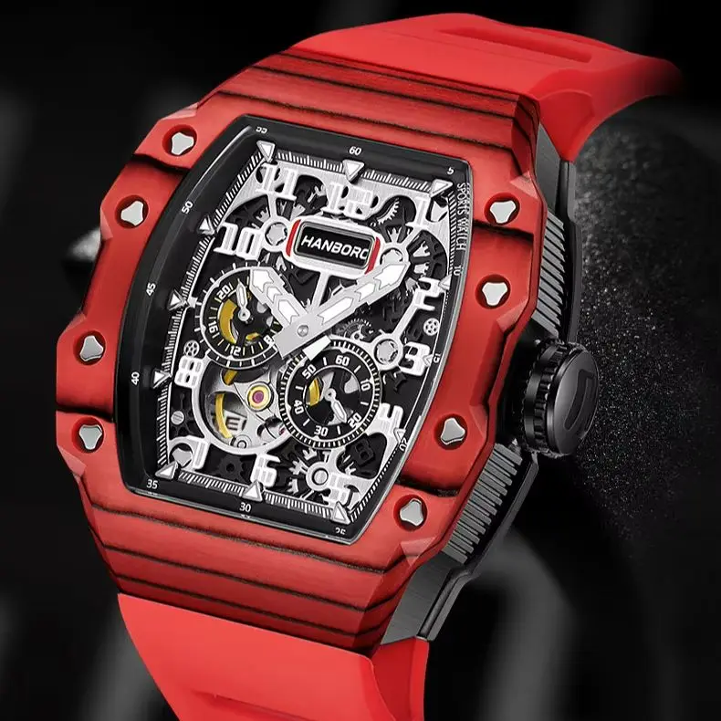 HANBORO Men Automatic Watch 50mm Tonneau Mechanical Wristwatch Luminous 50M Waterproof Rubber Strap Carbon Fiber Miyota 82S7