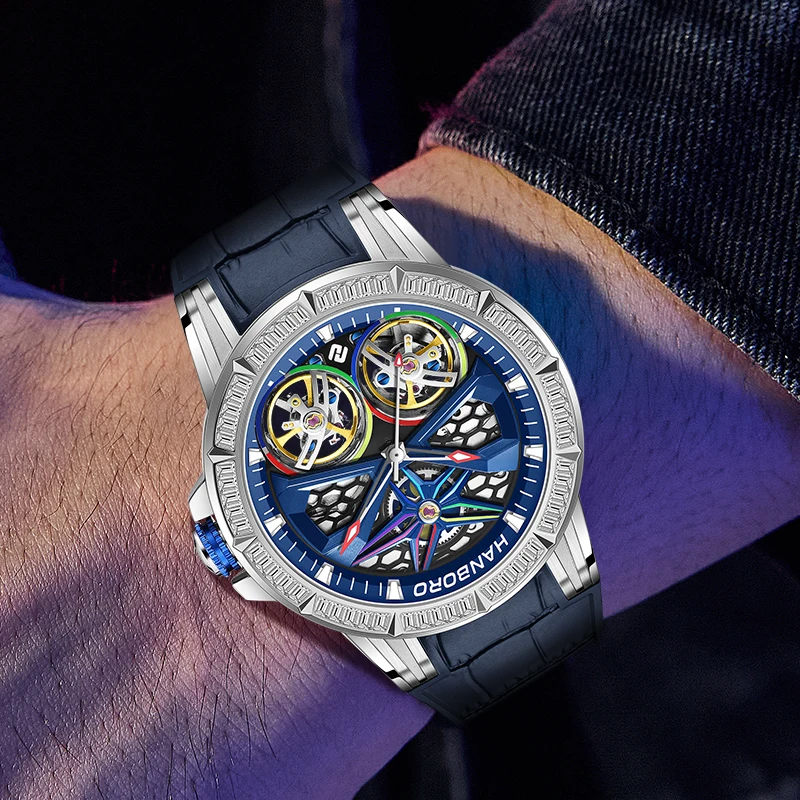 HANBORO Men Automatic Watch Luxury 43mm Mechanical Wristwatch Luminous 50M Waterproof Shanghai JH515 Double Flywheel Dial