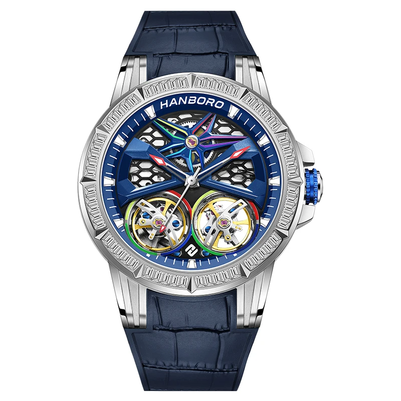 HANBORO Men Automatic Watch Luxury 43mm Mechanical Wristwatch Luminous 50M Waterproof Shanghai JH515 Double Flywheel Dial