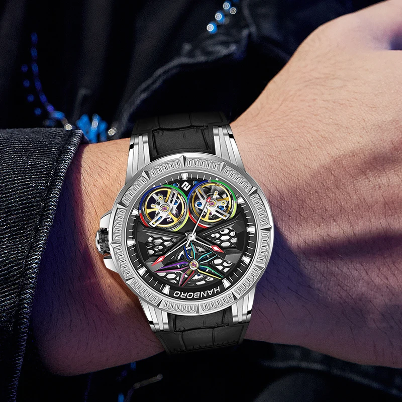 HANBORO Men Automatic Watch Luxury 43mm Mechanical Wristwatch Luminous 50M Waterproof Shanghai JH515 Double Flywheel Dial