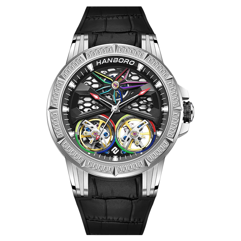 HANBORO Men Automatic Watch Luxury 43mm Mechanical Wristwatch Luminous 50M Waterproof Shanghai JH515 Double Flywheel Dial