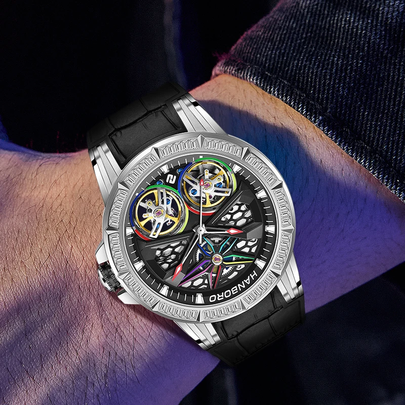 HANBORO Men Automatic Watch Luxury 43mm Mechanical Wristwatch Luminous 50M Waterproof Shanghai JH515 Double Flywheel Dial