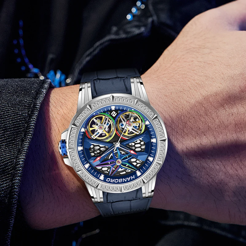 HANBORO Men Automatic Watch Luxury 43mm Mechanical Wristwatch Luminous 50M Waterproof Shanghai JH515 Double Flywheel Dial