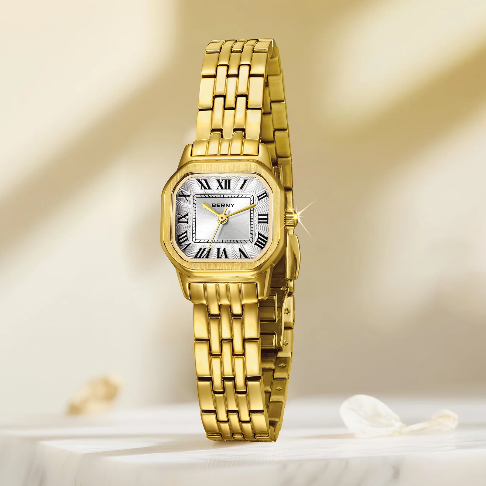 BERNY Watch For Women Square Small Dial Luxury Golden Fashion Casual Roman Classic Dress Quartz Watch Elegant Ladies Wristwatch