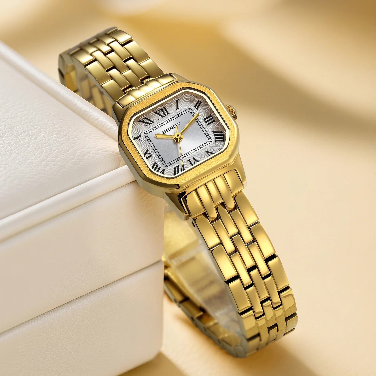 BERNY Watch For Women Square Small Dial Luxury Golden Fashion Casual Roman Classic Dress Quartz Watch Elegant Ladies Wristwatch