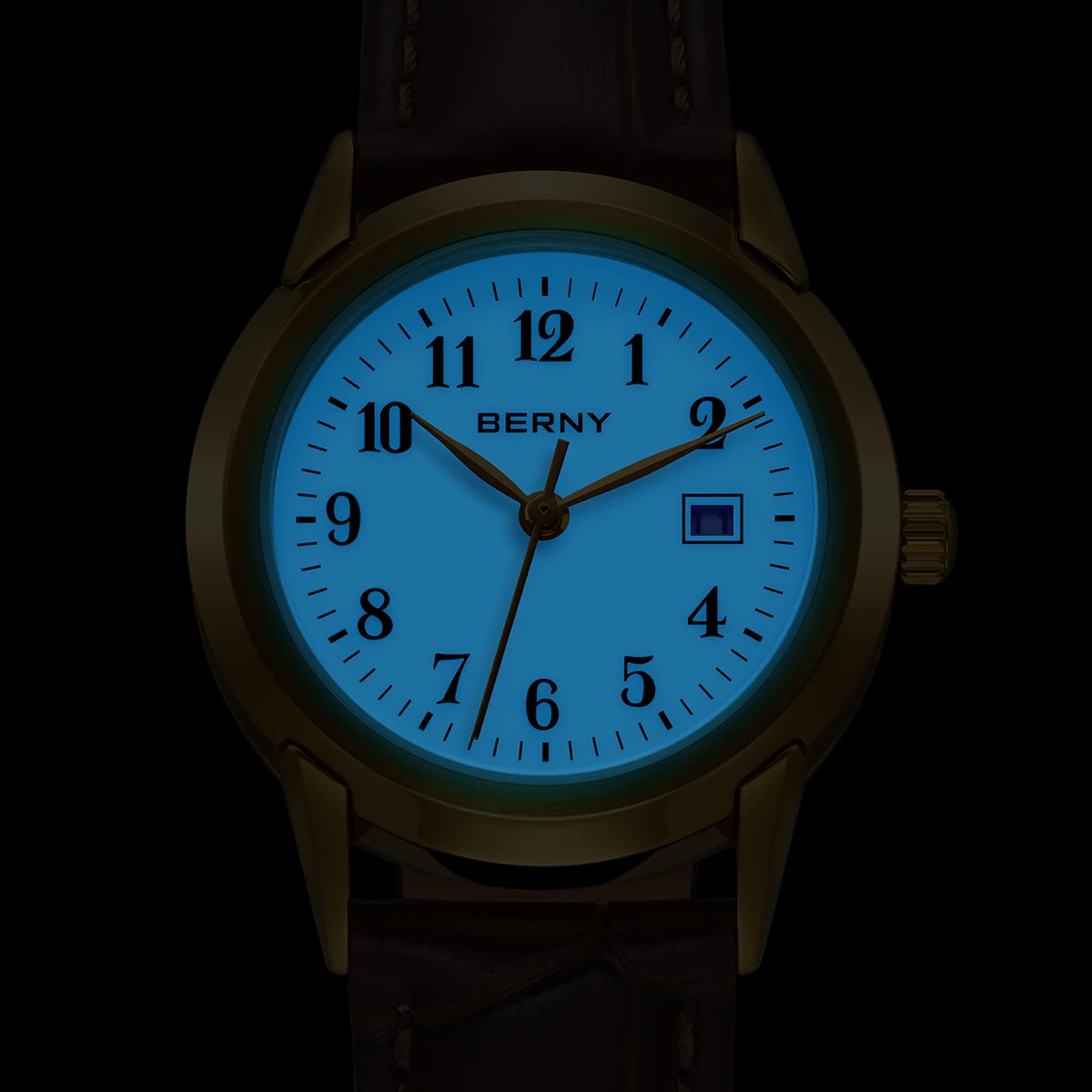 BENRY Golden Women's Quartz Watch Fashion Ladies Wristwatch Luminous Top Display Dial Leather Strap Waterproof Women Watches