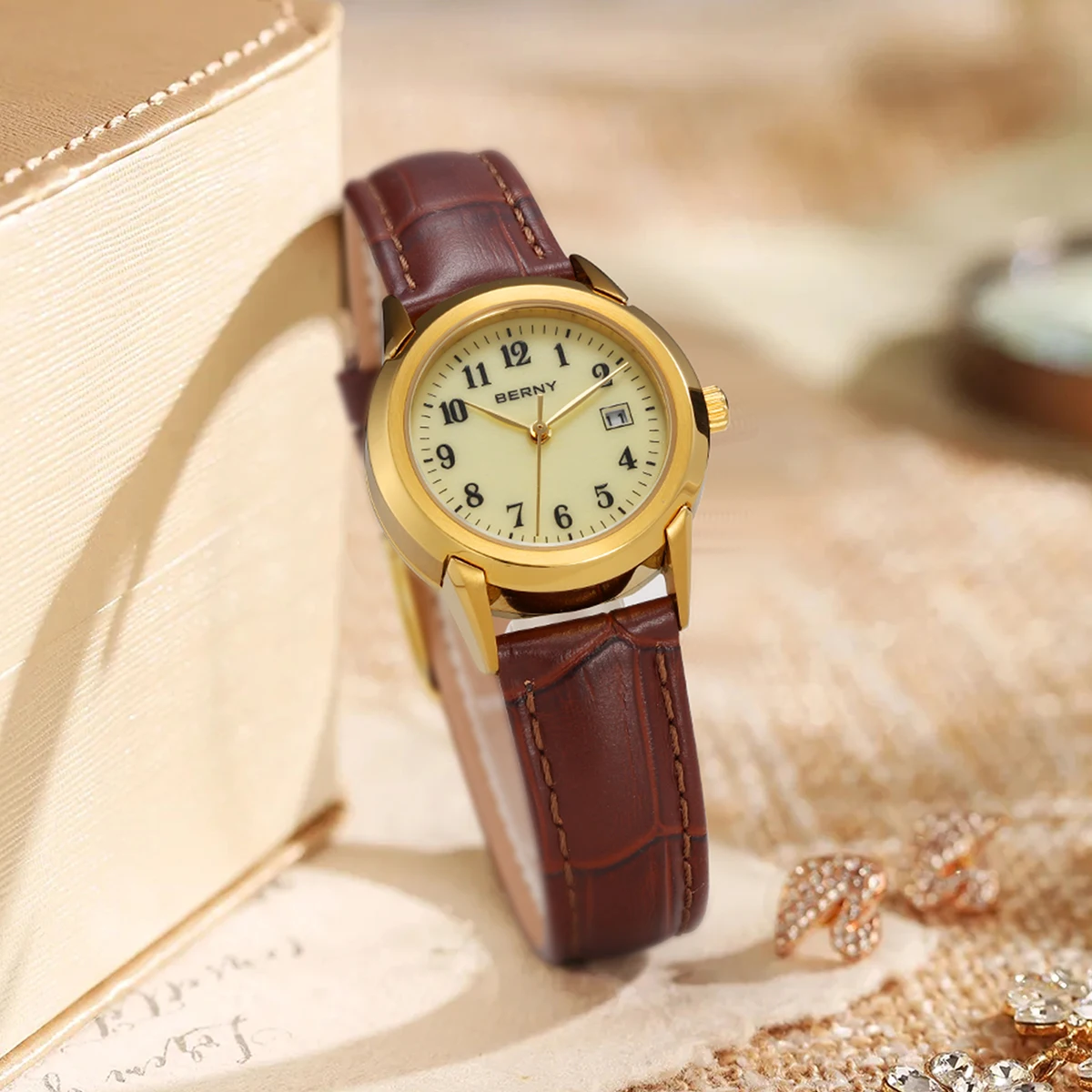BENRY Golden Women's Quartz Watch Fashion Ladies Wristwatch Luminous Top Display Dial Leather Strap Waterproof Women Watches