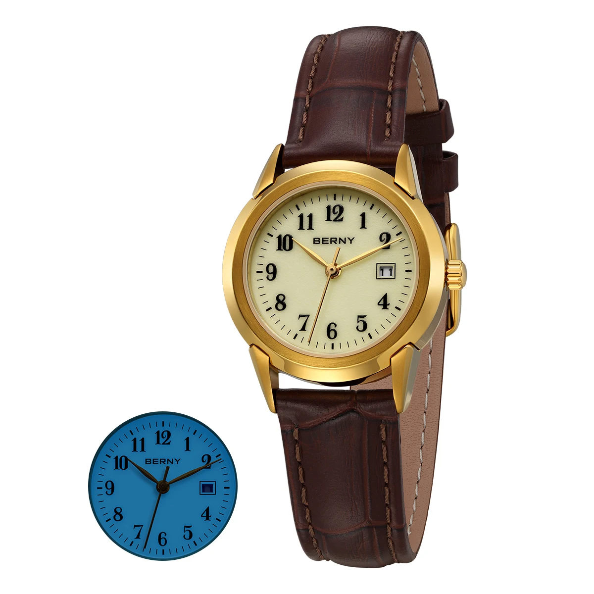 BENRY Golden Women's Quartz Watch Fashion Ladies Wristwatch Luminous Top Display Dial Leather Strap Waterproof Women Watches