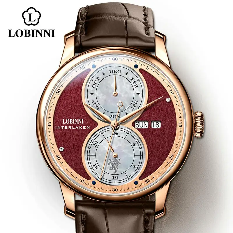 Elegant Lobinni Interlaken watch with rose gold case and brown leather strap.