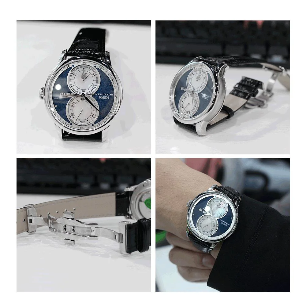 Elegant men's wristwatch with dual time display and black leather strap.