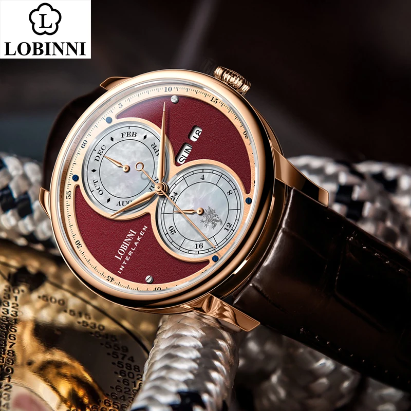Luxury Lobinni watch with multiple time zones and date display, perfect for sophisticated style.