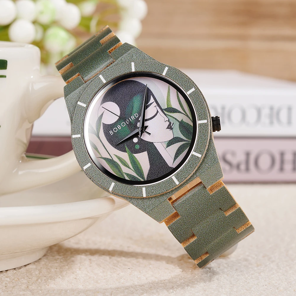 BOBO BIRD GT176 Bamboo Quartz Watch – Color Printed, Numberless Dial, 44mm