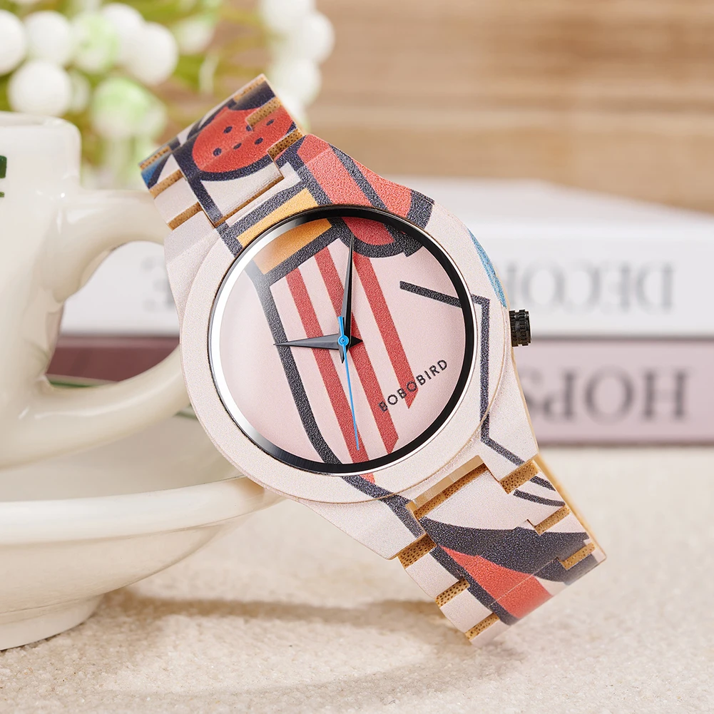 BOBO BIRD GT176 Bamboo Quartz Watch – Color Printed, Numberless Dial, 44mm