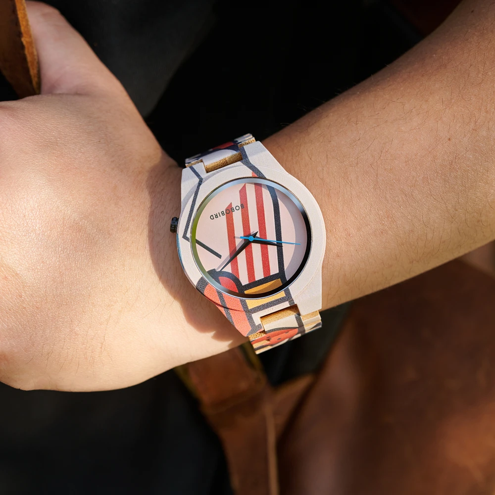 BOBO BIRD GT176 Bamboo Quartz Watch – Color Printed, Numberless Dial, 44mm