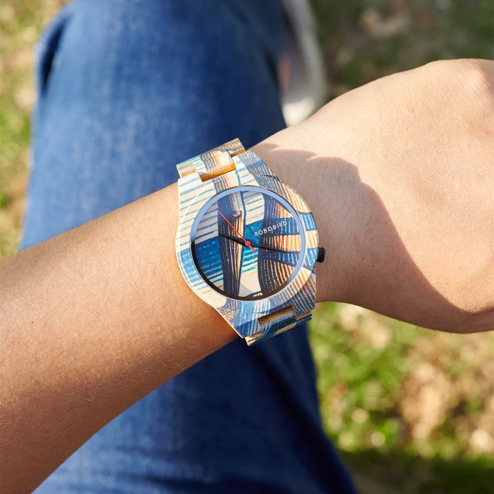 BOBO BIRD GT176 Bamboo Quartz Watch – Color Printed, Numberless Dial, 44mm