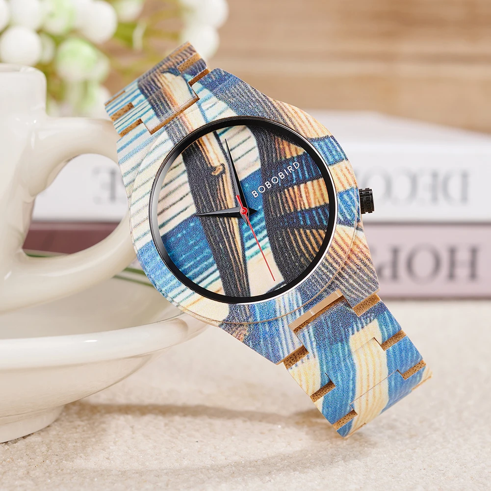 BOBO BIRD GT176 Bamboo Quartz Watch – Color Printed, Numberless Dial, 44mm