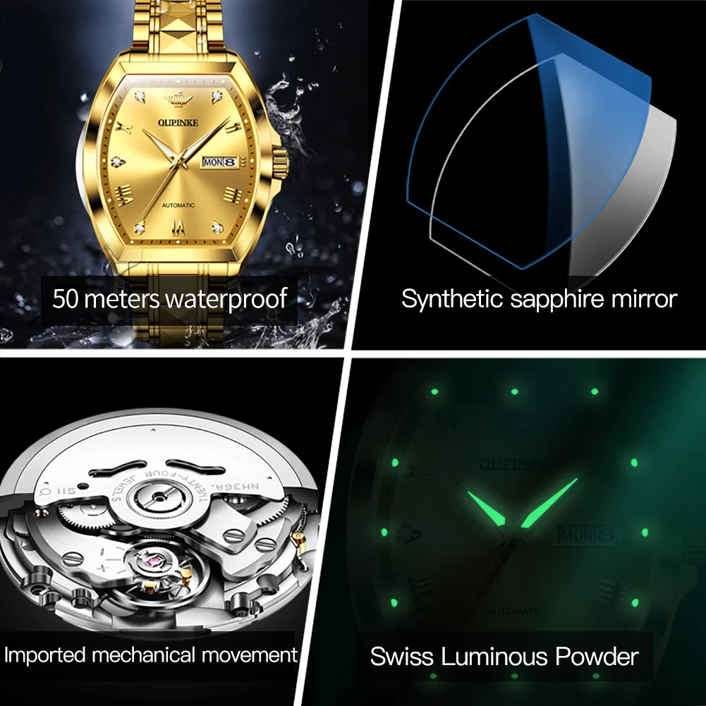 OUPINKE 3200 Geyashi Tonneau Automatic Watch – NH36A, Synthetic Sapphire, Tungsten Steel Bracelet