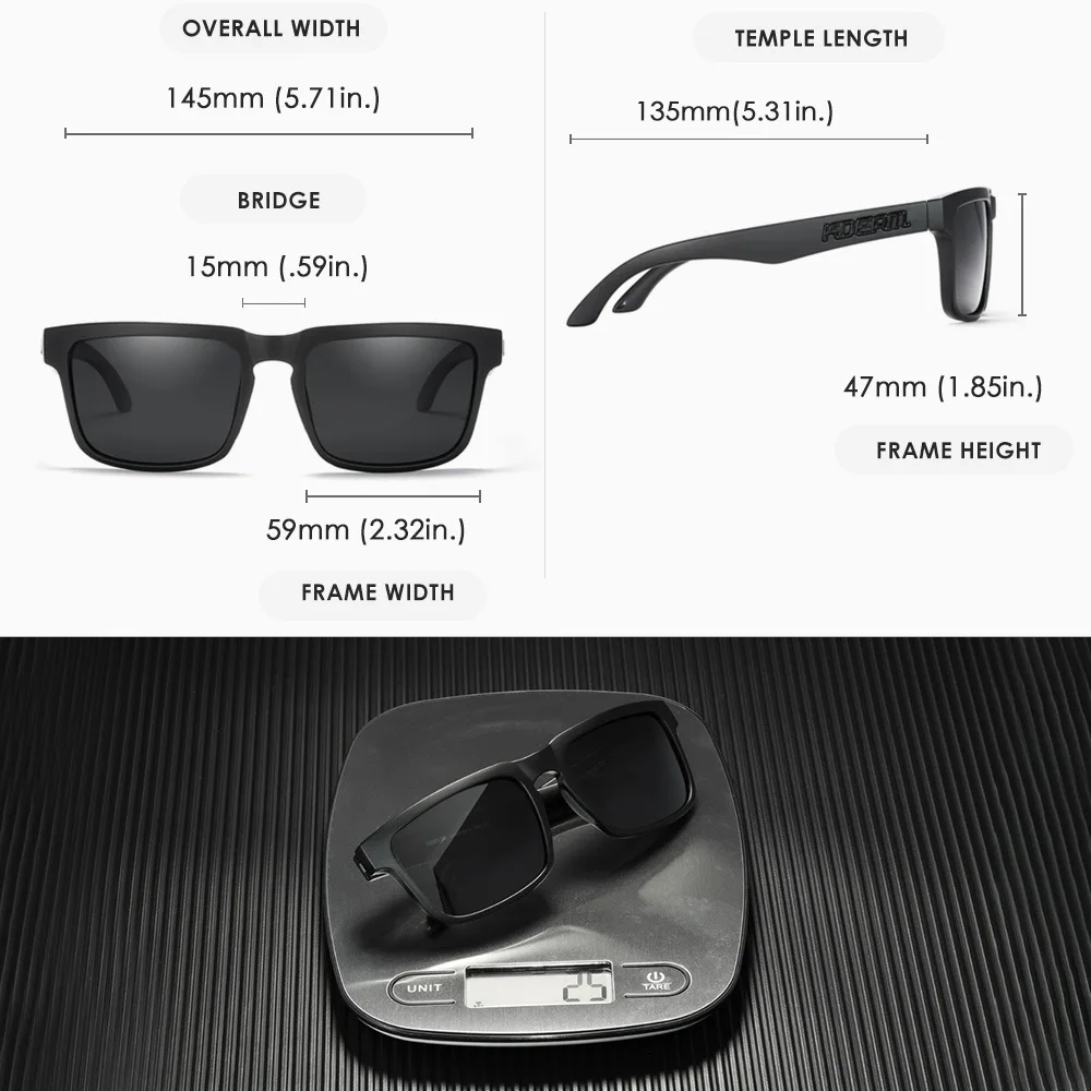 Polarized black sunglasses with slim frame and UV protection.