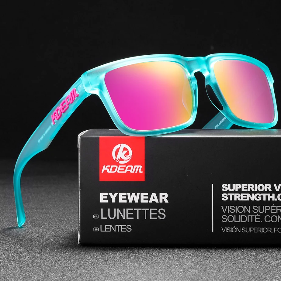 Mirrored sunglasses with vibrant pink and yellow lenses, blue frame, perfect for summer and outdoor.