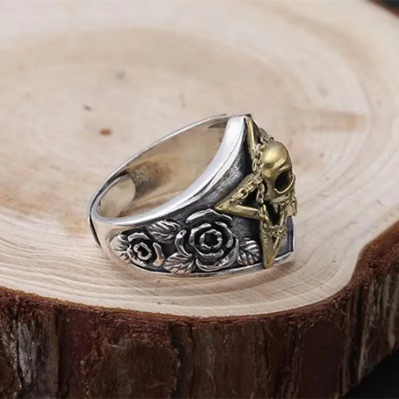 Skull Pentagram Signet Ring – 925 Sterling Silver, Rose Side Detail, Two-Tone
