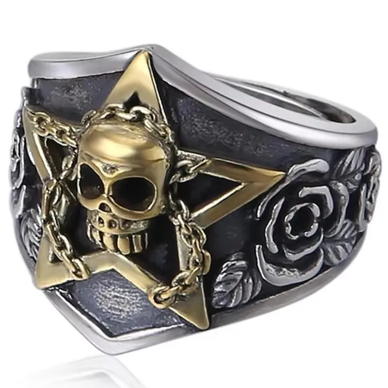 Skull Pentagram Signet Ring – 925 Sterling Silver, Rose Side Detail, Two-Tone