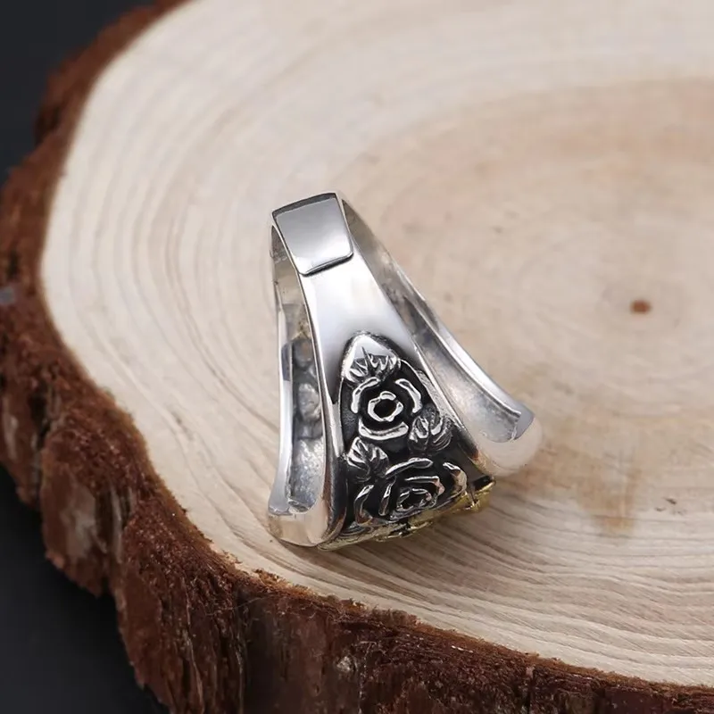 Skull Pentagram Signet Ring – 925 Sterling Silver, Rose Side Detail, Two-Tone