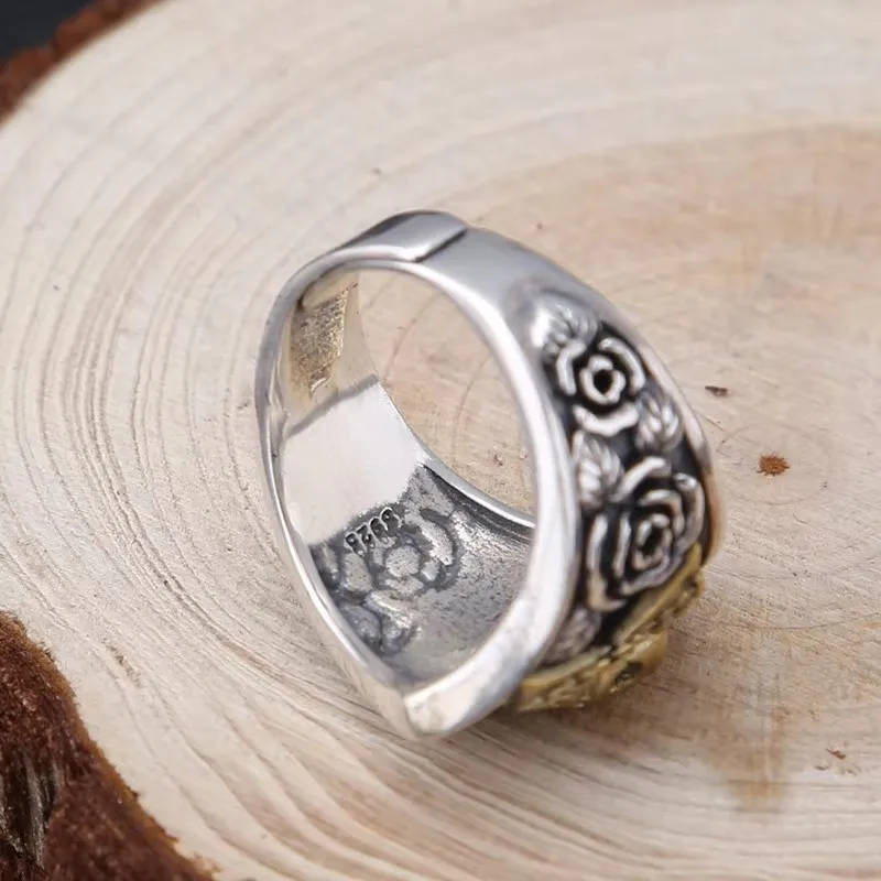 Skull Pentagram Signet Ring – 925 Sterling Silver, Rose Side Detail, Two-Tone