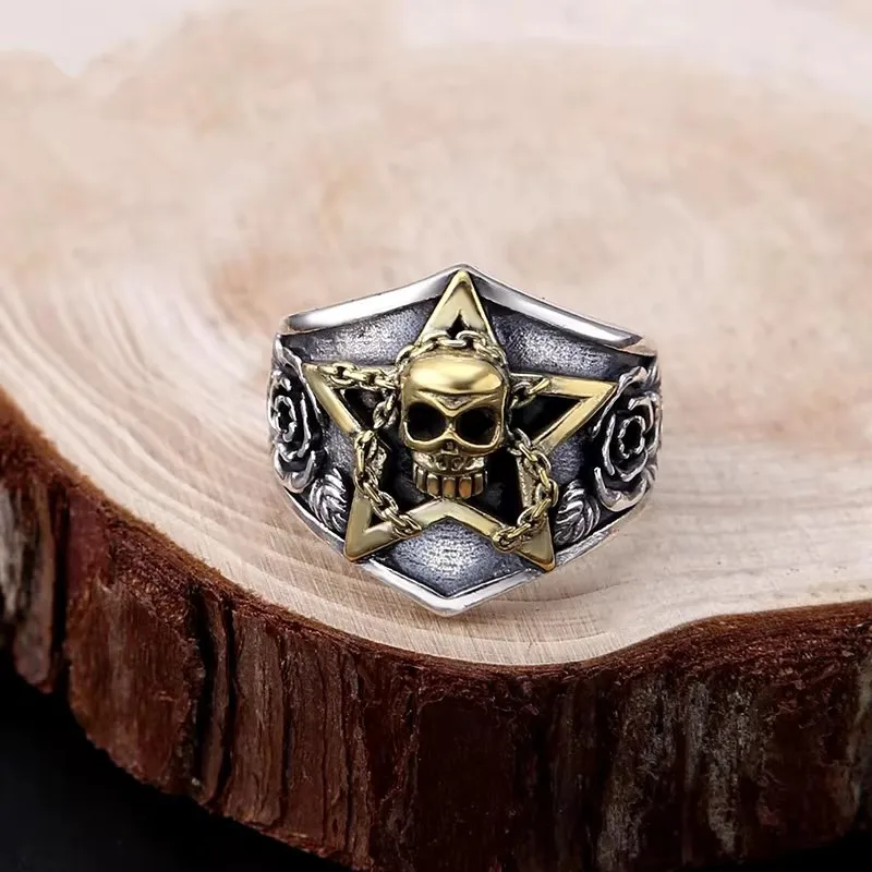 Skull Pentagram Signet Ring – 925 Sterling Silver, Rose Side Detail, Two-Tone