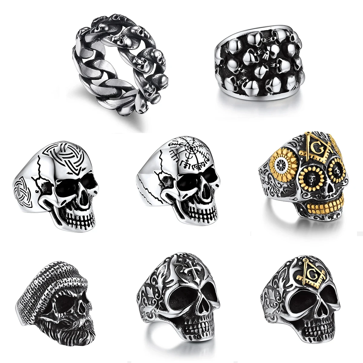 Stainless Steel Skull Rings Collection – Gothic Punk Skeleton Rings, US 7–14