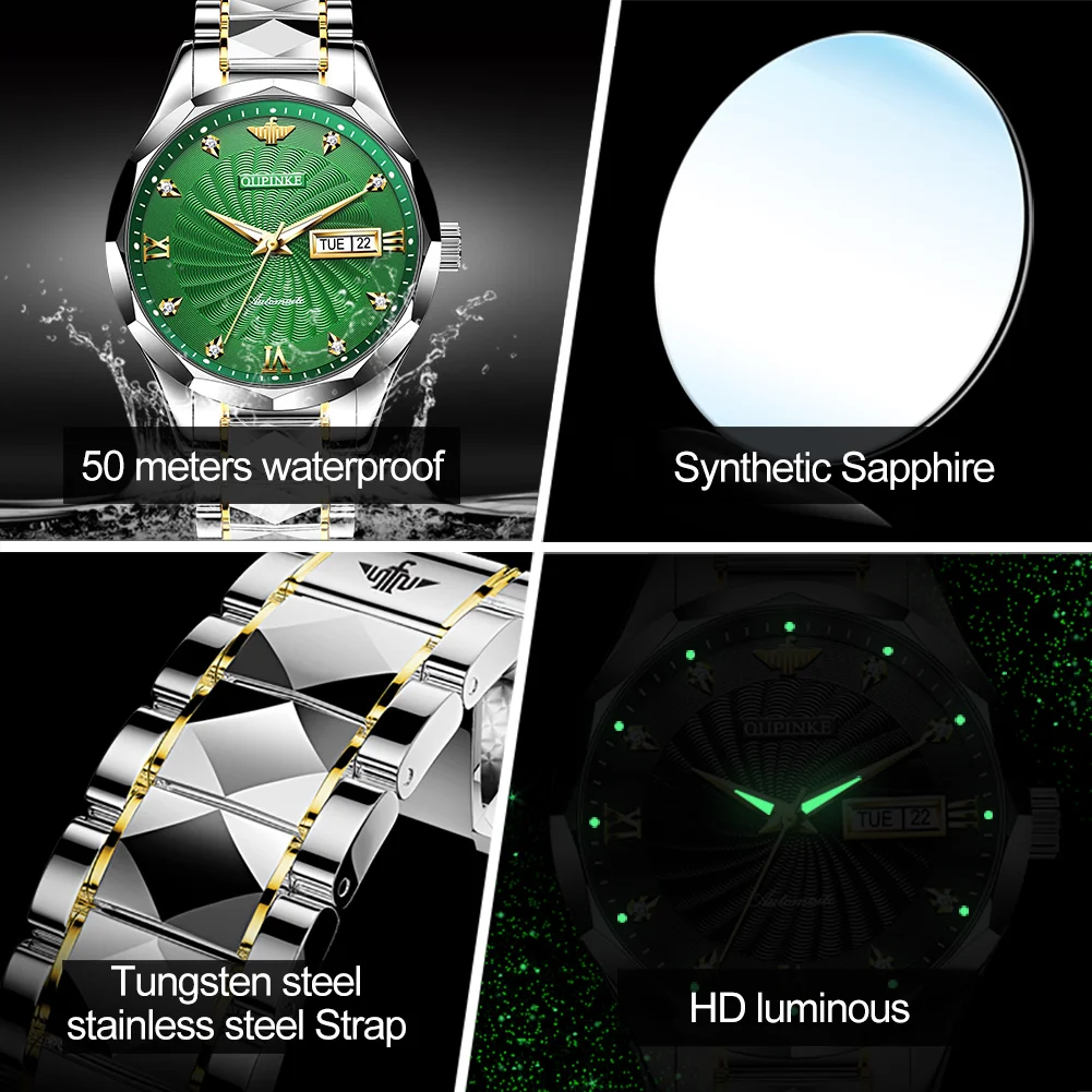 OUPINKE 3169 Guilloché Dial Automatic Watch – NH36A, Day-Date, Tungsten Bracelet, 50M