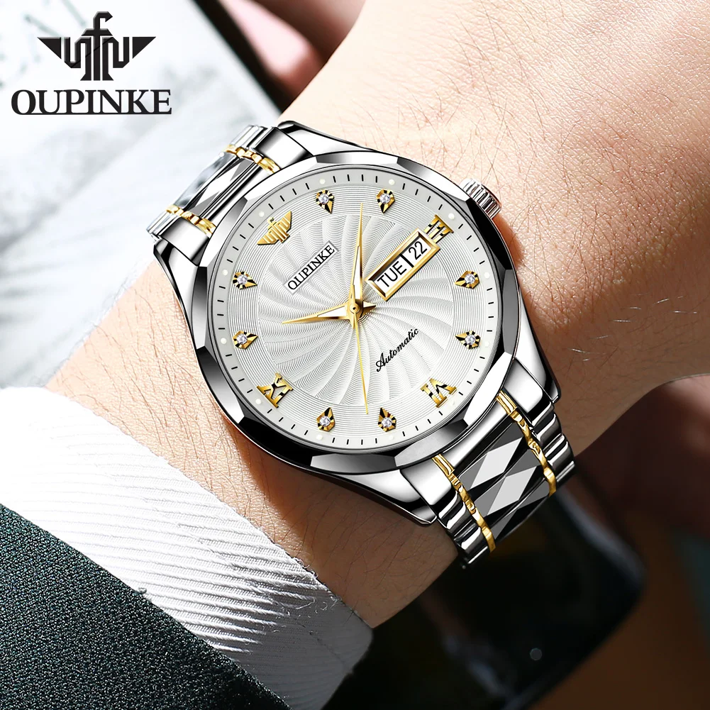 OUPINKE 3169 Guilloché Dial Automatic Watch – NH36A, Day-Date, Tungsten Bracelet, 50M