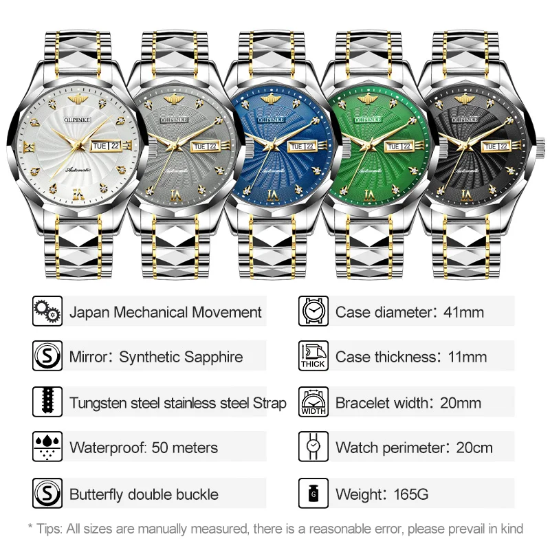 OUPINKE 3169 Guilloché Dial Automatic Watch – NH36A, Day-Date, Tungsten Bracelet, 50M