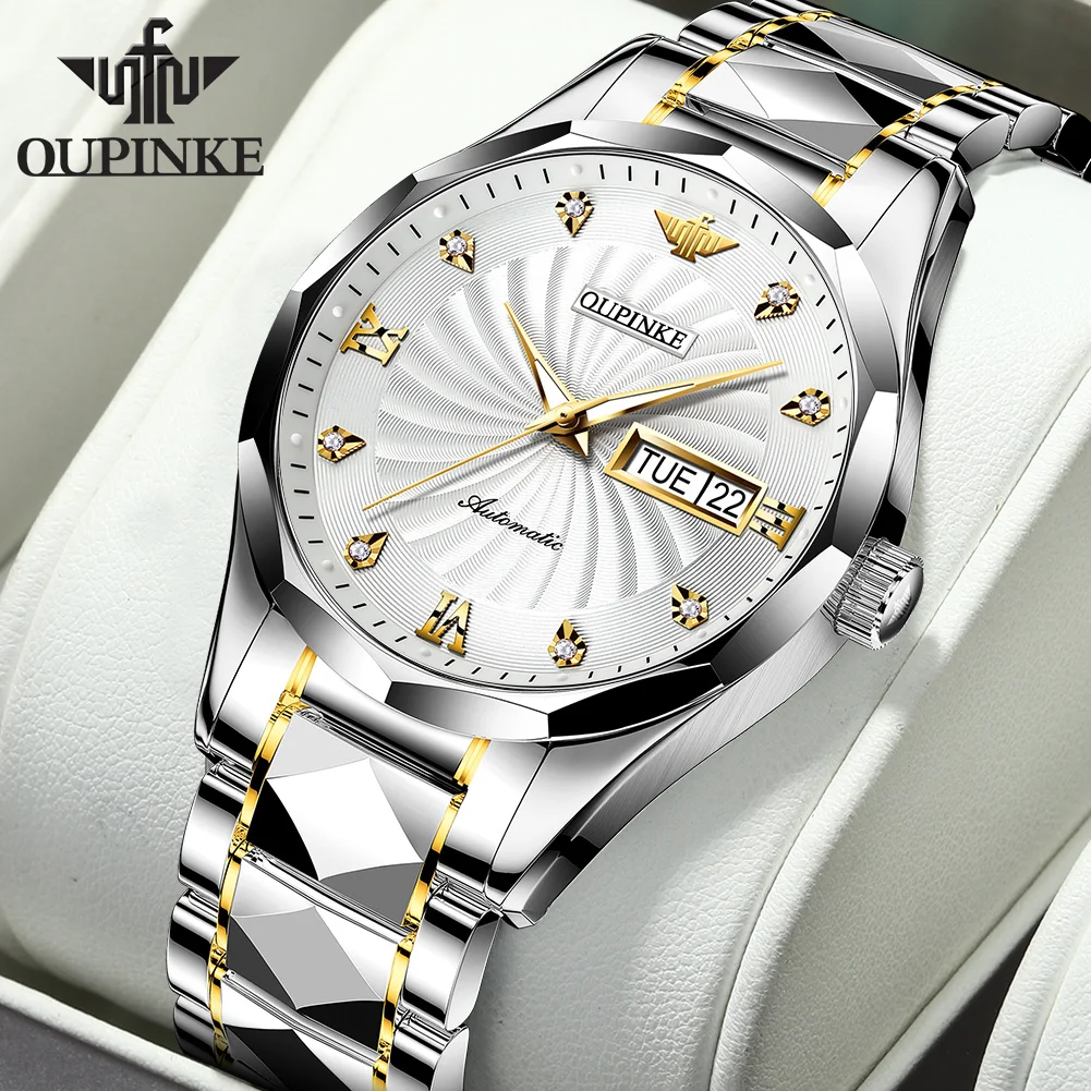OUPINKE 3169 Guilloché Dial Automatic Watch – NH36A, Day-Date, Tungsten Bracelet, 50M