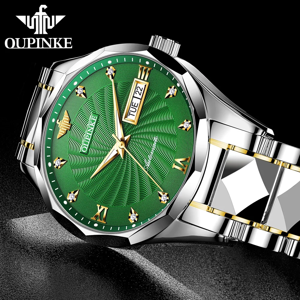 OUPINKE 3169 Guilloché Dial Automatic Watch – NH36A, Day-Date, Tungsten Bracelet, 50M