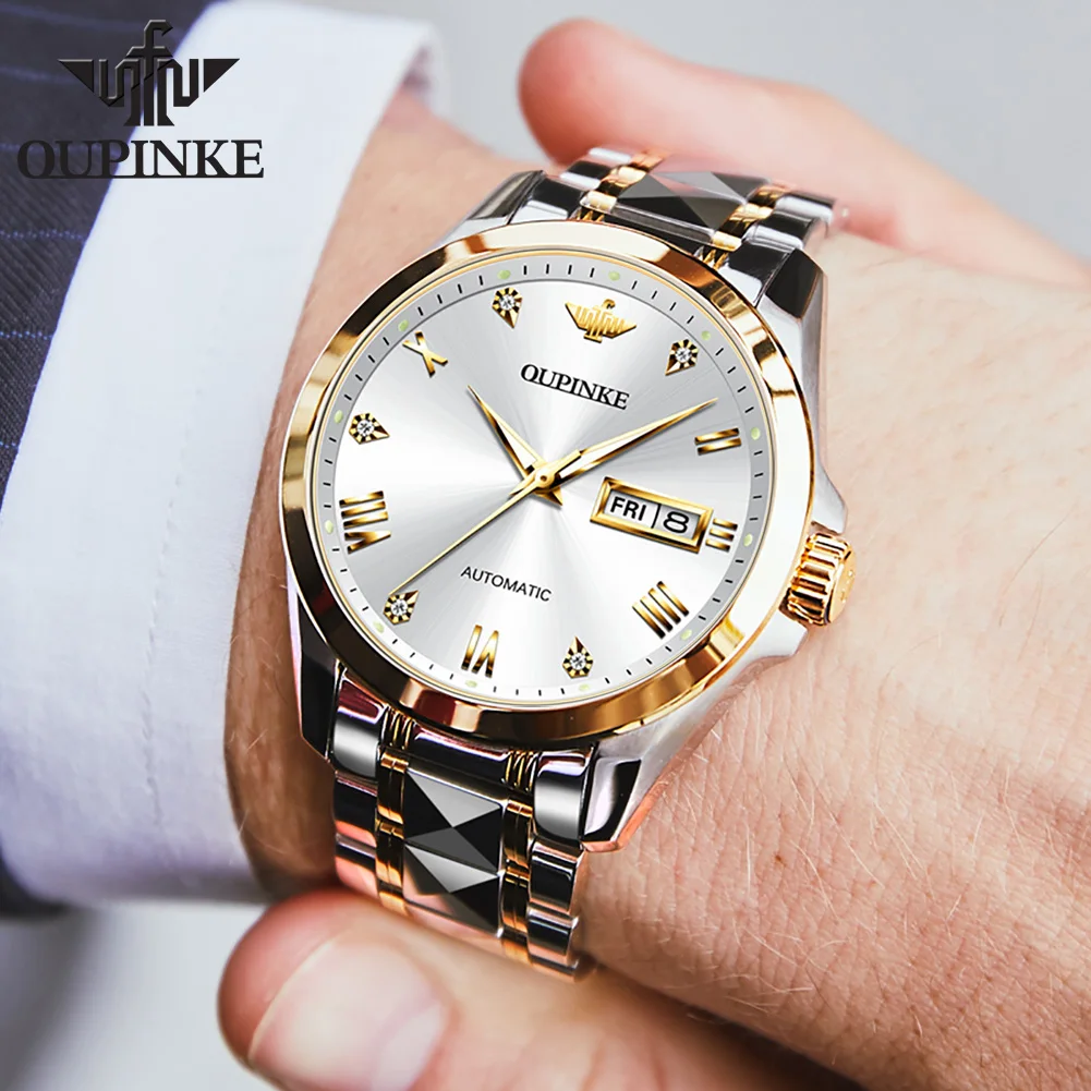 OUPINKE 3171 Geyashi Automatic Watch – NH36A, Round, Tungsten Steel Bracelet, Day-Date
