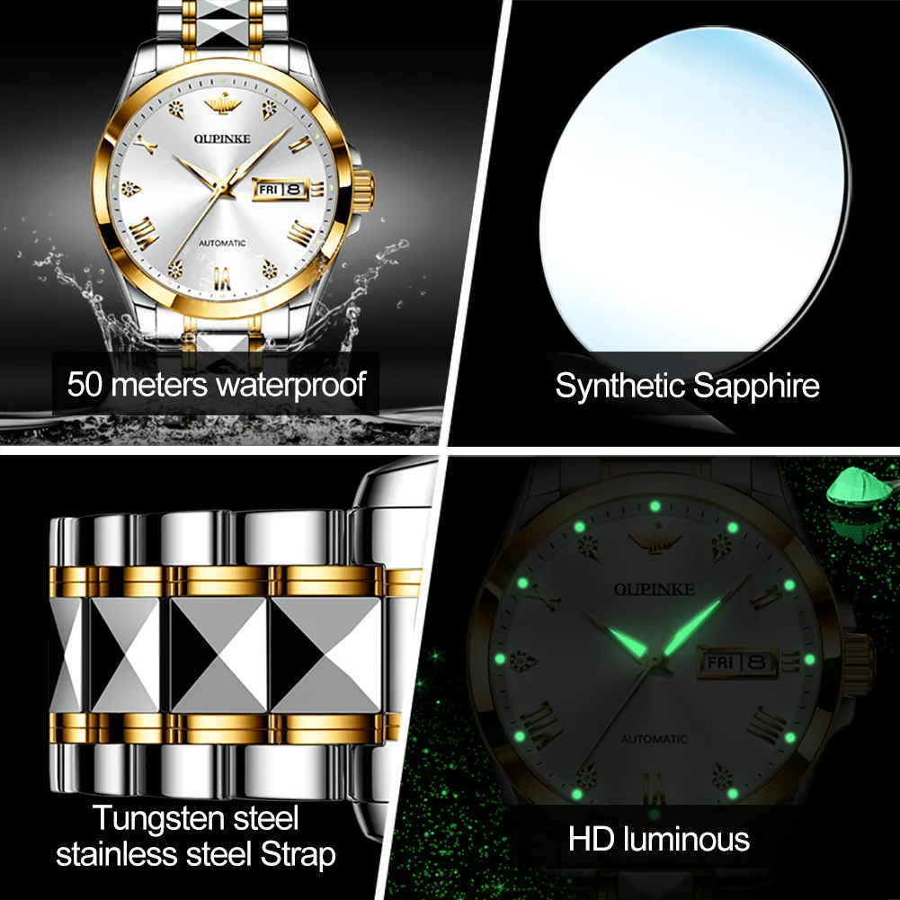 OUPINKE 3171 Geyashi Automatic Watch – NH36A, Round, Tungsten Steel Bracelet, Day-Date