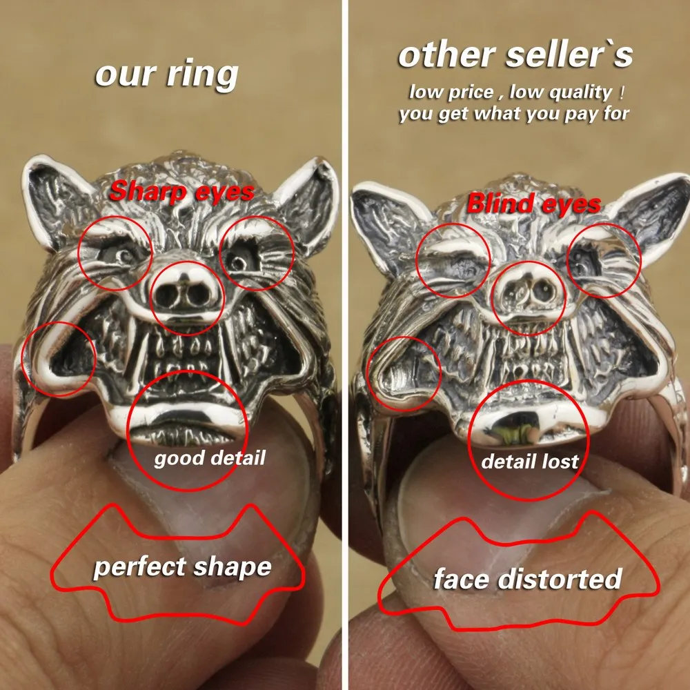 Werewolf Ring – 925 Sterling Silver Grinning Wolf Head, Handmade Gothic Punk