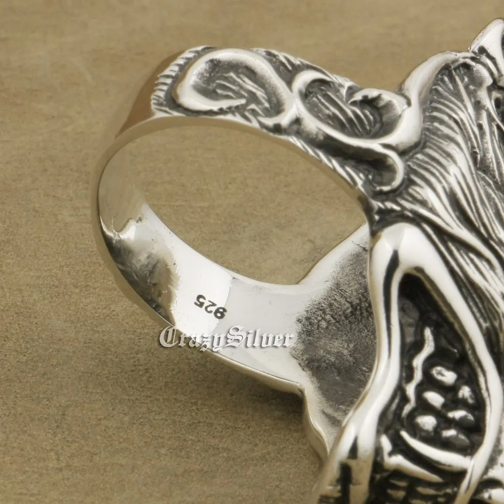 Werewolf Ring – 925 Sterling Silver Grinning Wolf Head, Handmade Gothic Punk