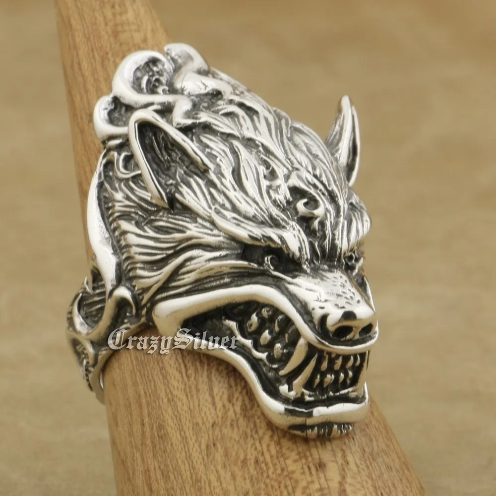 Werewolf Ring – 925 Sterling Silver Grinning Wolf Head, Handmade Gothic Punk