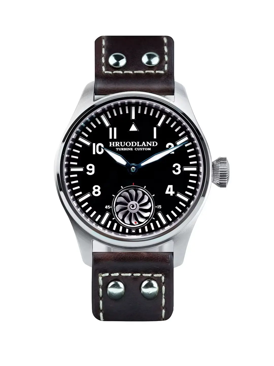 Vintage pilot style wristwatch with black dial and leather strap.