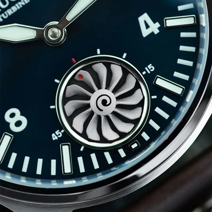 Luxury wristwatch featuring a turbine-inspired dial and precise timekeeping.