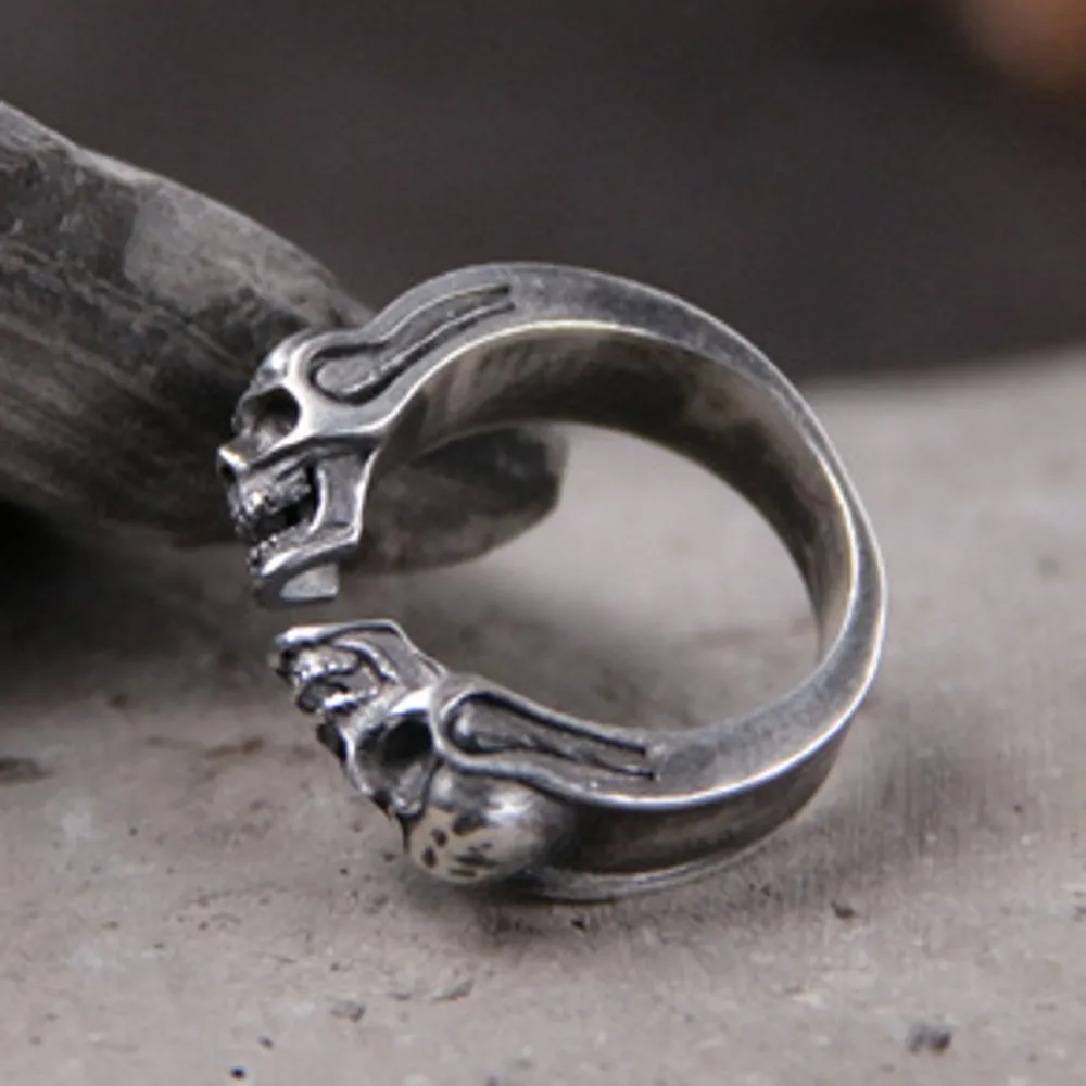 Skull Whisperer Double Skull Gothic Ring — S925 Sterling Silver, 5.5mm, Open Resizable, 7g