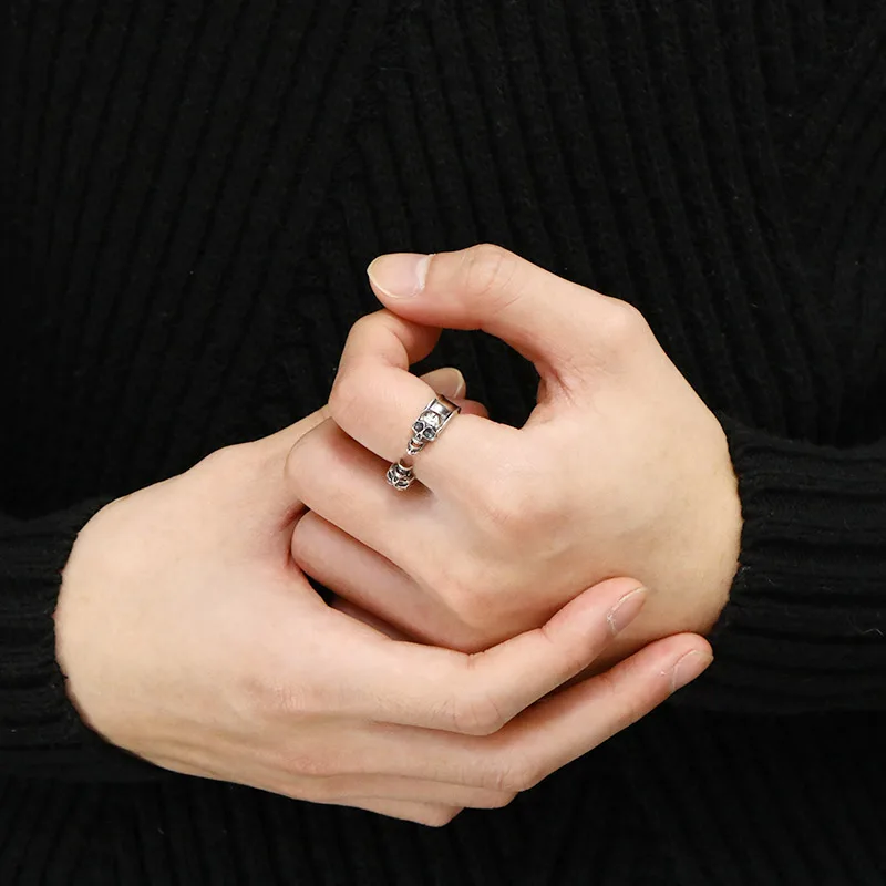 Skull Whisperer Double Skull Gothic Ring — S925 Sterling Silver, 5.5mm, Open Resizable, 7g